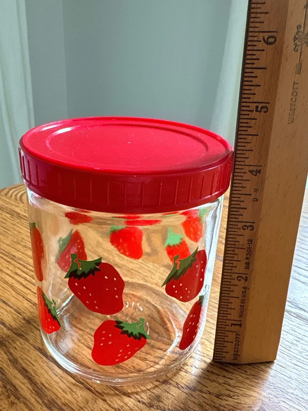 Vintage Red Strawberry Glass Storage Jar with Lid ~14 ozs.